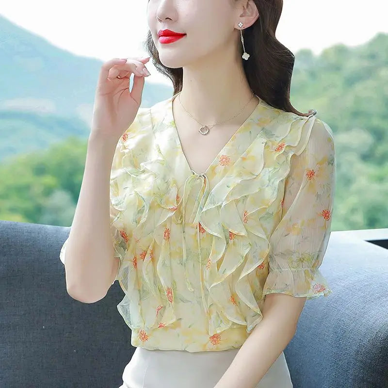 Fashion Printed Spliced Lace Up Bow Ruffles Floral Blouse Women's Clothing Summer New Casual Pullovers Loose Sweet Shirt