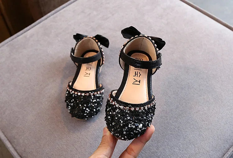 2023 Crystal Bow Single Shoes Summer Girls Fashion Princess Soft Shoes Children Pu Leather Flat Baby Rhinestone Sandals A986