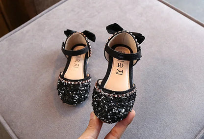 2023 Crystal Bow Single Shoes Summer Girls Fashion Princess Soft Shoes Children Pu Leather Flat Baby Rhinestone Sandals A986
