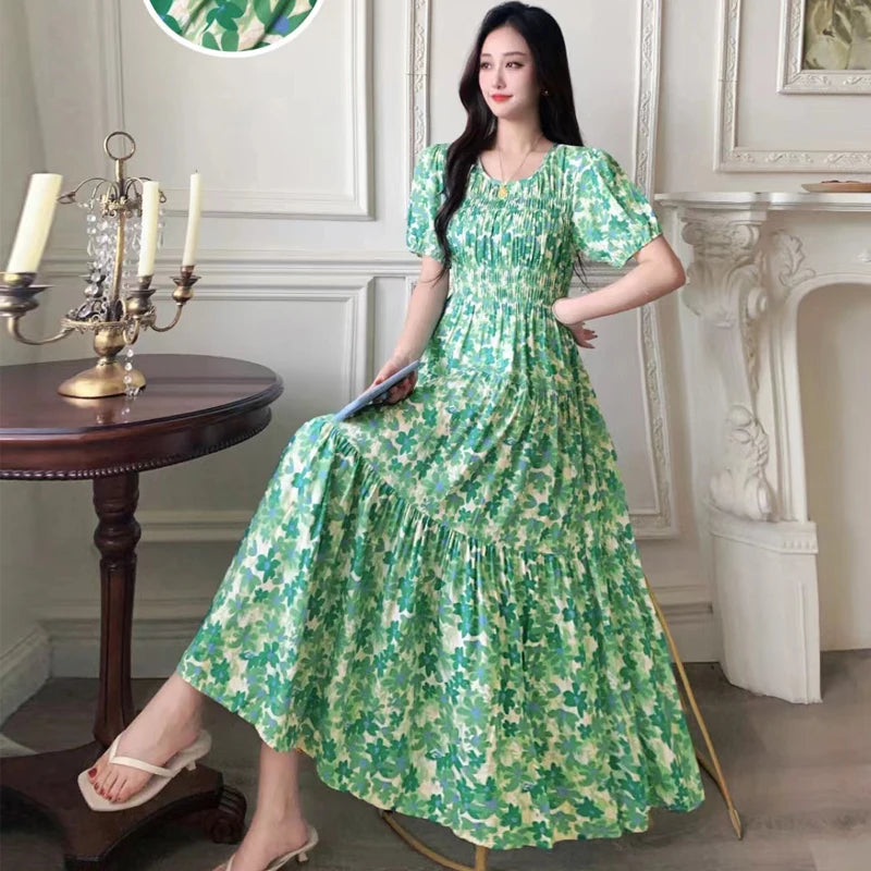 Summer New Cotton Silk Dr Casual High Waist Floral Print Beachwear Outerwear Slimming Waist Long Skirt A-Line Gown