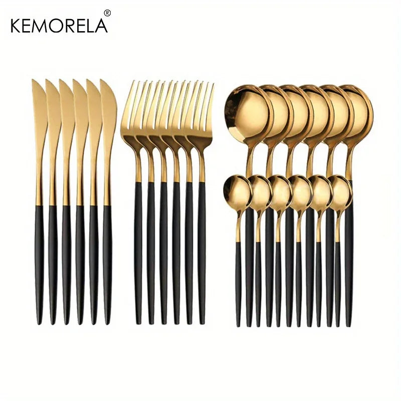 24PCS Cutlery Set Stainless Knife Fork Spoon Flatware Tableware Set Gold Gift Box Portable Dinnerware Dishwasher Kitchenware