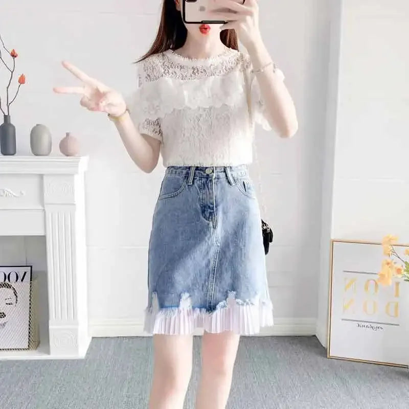 Short 2 Pieces Sets for Women Commuting Skirt White Mature Denim Sleeve Woman Outfit Blue Mini Kawaii Summer Fashion 2025 Full