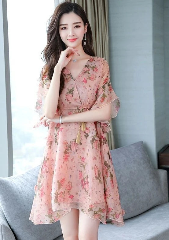 Chiffon Floral V-neck Ruffle Woman Dress Promotion Elegant and Pretty Korean Style Fashion Summer 2025 Chic Dresses for Women