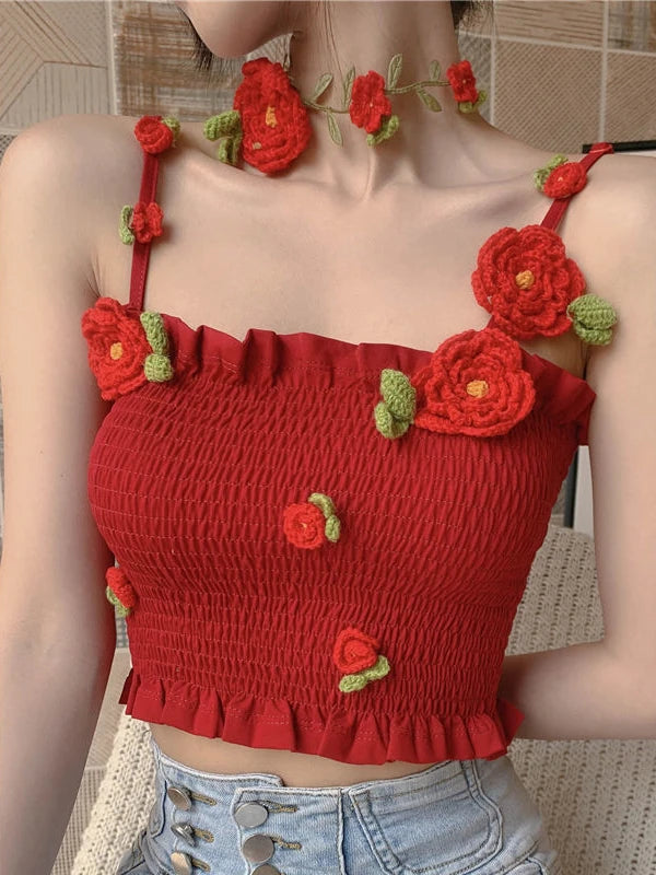 Camis Women 3D Decoration Patchwork Crop Top Slim Design Retro Classic Sexy Basic Korean Style Ulzzang Ins Holiday College Young