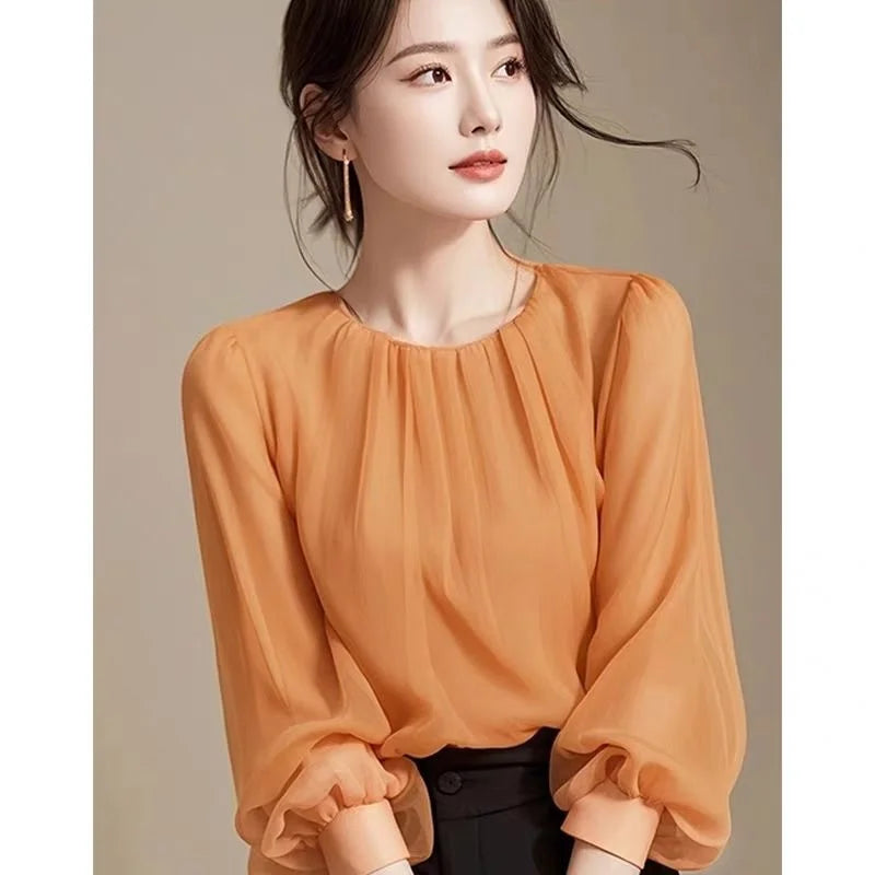 Autumn Winter Ladies Solid Color Blouse Jacket 2025 Female Long Sleeves Tops Coat Korean Women Fashion Round Neck Chiffon Shirt