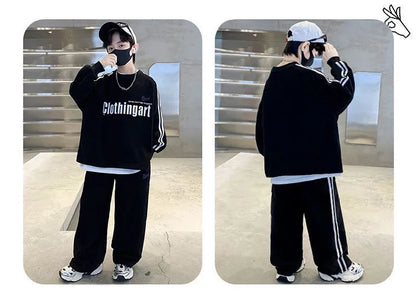 Teenager boys Suit autumn winter Cloth letter striped sweatshirt hooded + wide leg Pants tracksuit 5 8 10 12 Year Child set