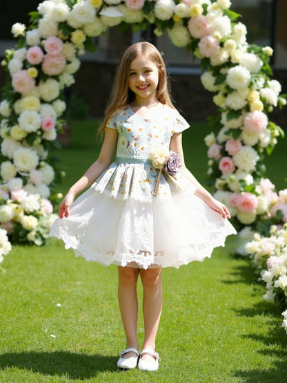 Summer girl's floral chiffon printed embroidered casual half-sleeve cute lady's fashion romantic lace dress.