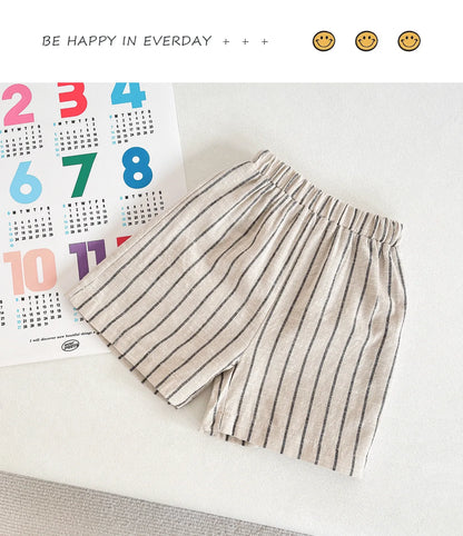 Set Children Unisex Summer New Style Cotton Stripe Pocket Shirt Polo Collar Shourts Fashion Casual Brief Versatile Korean