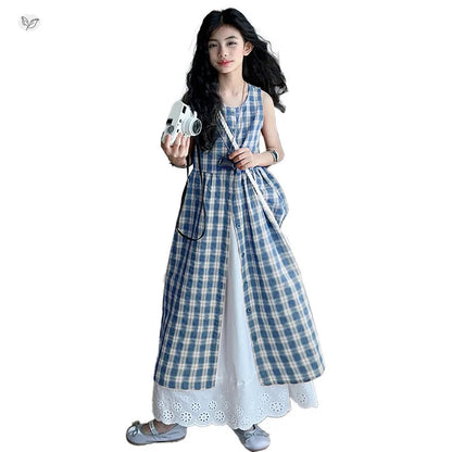 Summer Girls Retro Red Plaid Vest Dress 2-Piece Set Thin French Style Strappy Sundress Casual Vacation Outfit Teen Kids Clothes