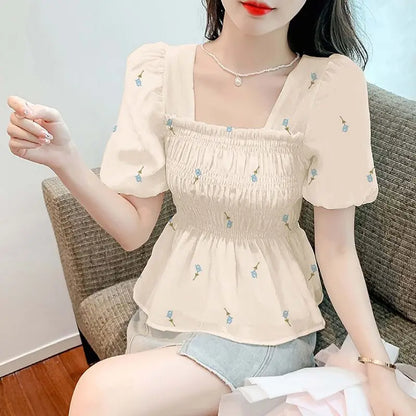 All-match Flower Printing Square Collar Shirring Chiffon Summer Pullover Puff Short Sleeve T-shirt Casual Women's Clothing Tops