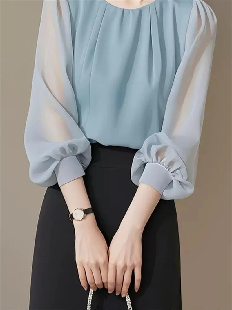 Autumn Winter Ladies Solid Color Blouse Jacket 2025 Female Long Sleeves Tops Coat Korean Women Fashion Round Neck Chiffon Shirt