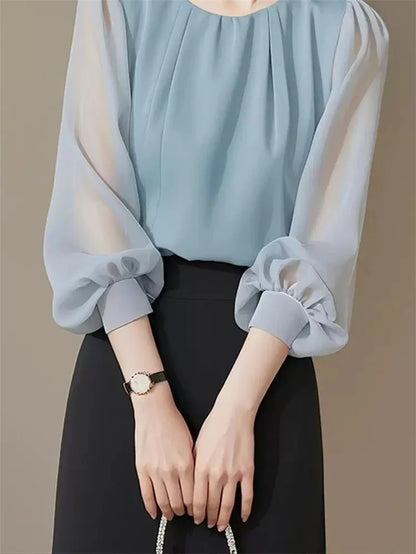 Autumn Winter Ladies Solid Color Blouse Jacket 2025 Female Long Sleeves Tops Coat Korean Women Fashion Round Neck Chiffon Shirt