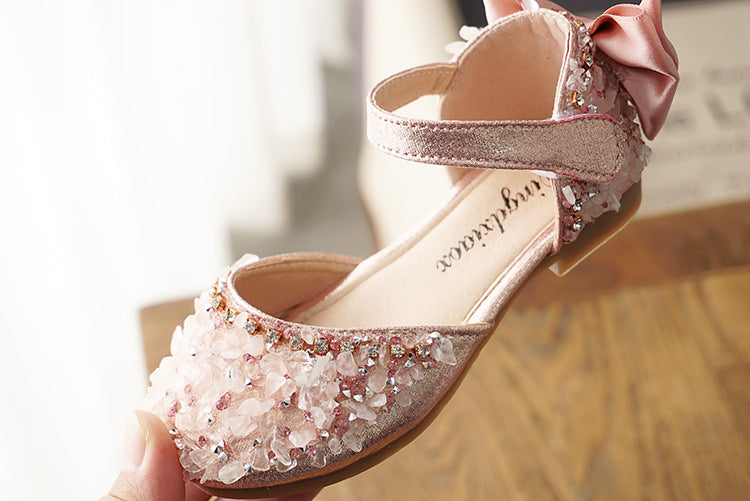 New Kids Leather Shoes Girls Wedding Shoes Children Princess Sandals Sequins Bow Girls Casual Dance Shoes Flat Sandals