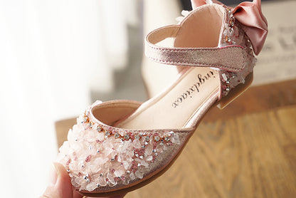 New Kids Leather Shoes Girls Wedding Shoes Children Princess Sandals Sequins Bow Girls Casual Dance Shoes Flat Sandals