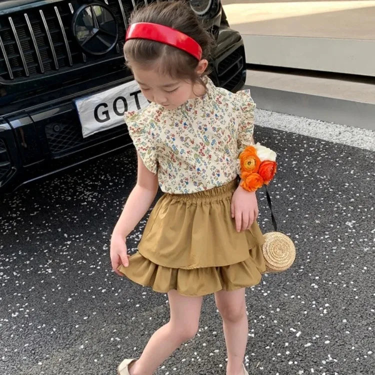 Girls' Set Summer New Children's Summer Dress, Baby Girl's Elegant Thin Fashion Children's Skirt Two Piece Set