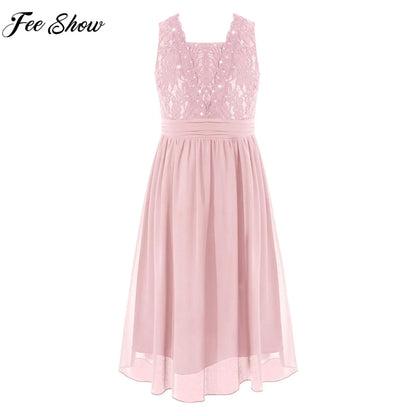 Girls Sheer Floral Lace Chiffon Party Dress Bridesmaid Clothing Sleeveless Backless Pleated Princess Dress for Wedding Birthday
