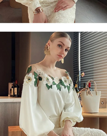 Embroidered Heavy Work Satin Patchwork irt Women's Sle Spring New Arrival Long Sve round Ne Fly Sve Lace Top