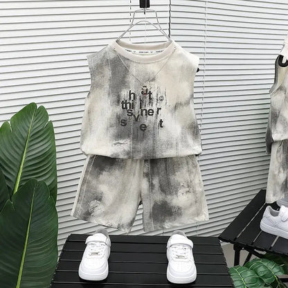 New Boys Sleeveless Vest Denim Shorts 2PC Sets Outdoor Festival Clothing Vintage Print Kids Miracle Design 2-10 Years White Tops