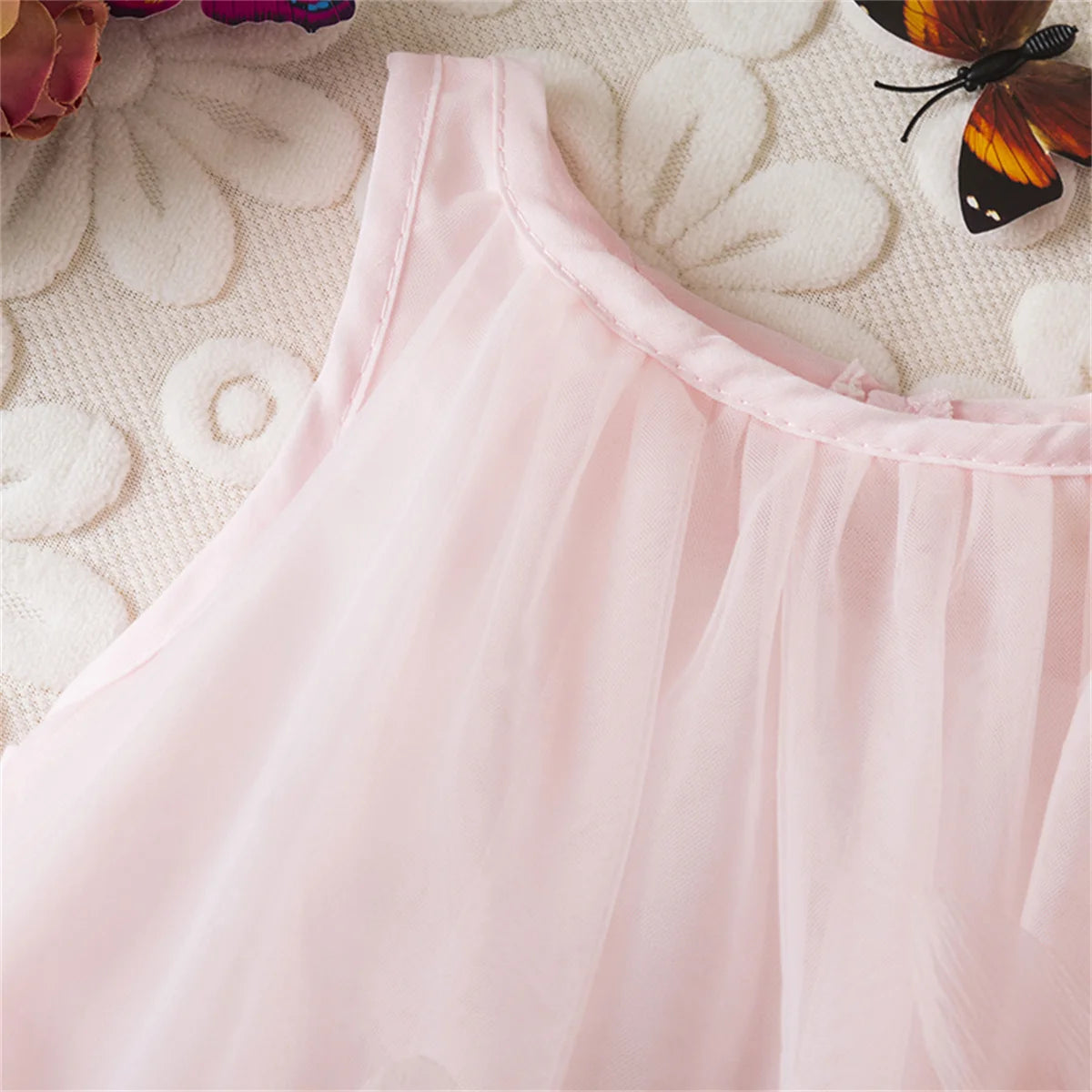Girl Party Dress Summer New Sleeveless Solid Color Baby Girl Clothing Mesh Pleated Edges 3d Flowers Girl Costume