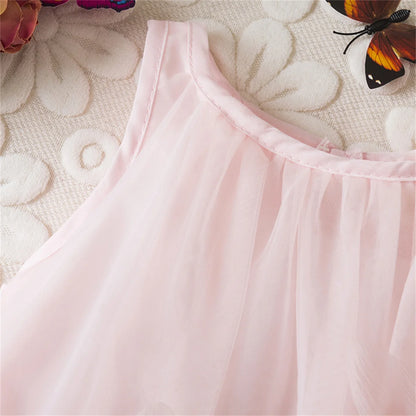 Girl Party Dress Summer New Sleeveless Solid Color Baby Girl Clothing Mesh Pleated Edges 3d Flowers Girl Costume