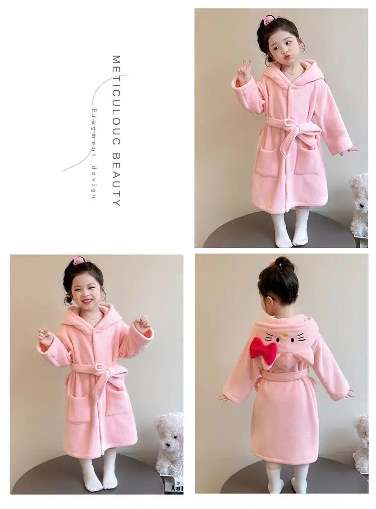 Sanrio Hello Kitty Children Bath Robe Pajamas Terry Cloth Girls Babies Toddlers Spring Winter Home Wear Hooded Cozy Sleepwear