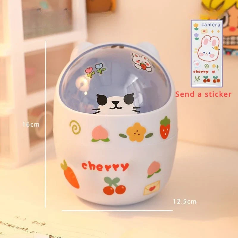 Mini Desktop Trash Can Organizer Cute Bear Multifunction Creative Cosmetic Bucket with Lid Pen Holder Kawaii Stickers Patchers