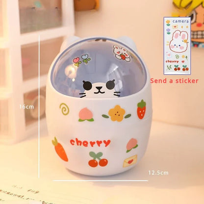 Mini Desktop Trash Can Organizer Cute Bear Multifunction Creative Cosmetic Bucket with Lid Pen Holder Kawaii Stickers Patchers