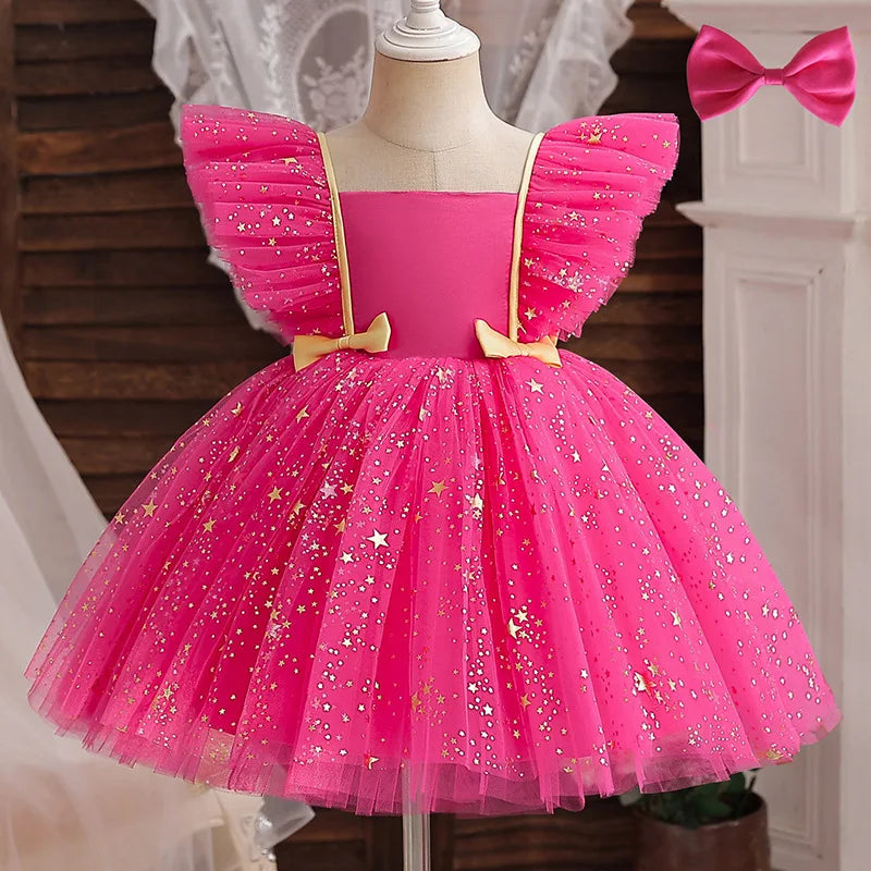 Child's Party Dress Children's Summer Princess Bow Star Sequin Gauze Skirt Girls Skirt Sweet Dress Fashion Kid's Dress Puffy