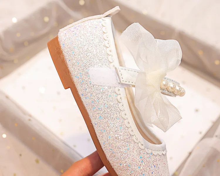 Fashion Girls Mary Janes for Party Wedding Shows Bow Pearls Elegant Princess Shoes Chic Kids Shoes Non-slip Children Fashion