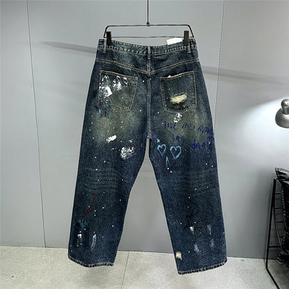 High End Men'S Clothing Hip Hop Graffiti Baggy Jeans For Men Streetwear Skateboard Ripped Jeans Korean Trendy Denim Trousers  ( Available )