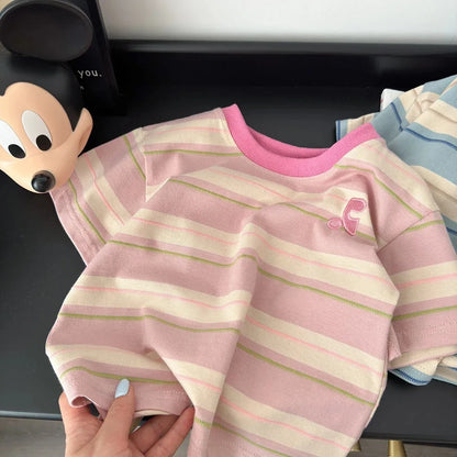 Summer Cotton Children Striped Short Sleeved Embroidered T-shirt for Boys and Girls Korean Versatile Short T-shirts Fashion Top