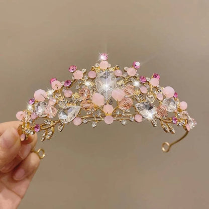 Ancient Vintage Pink Floral Crown Elegant Shiny Crown Hair Accessory Headwear Alloy Princess Rhinestone Tiara Photography Props