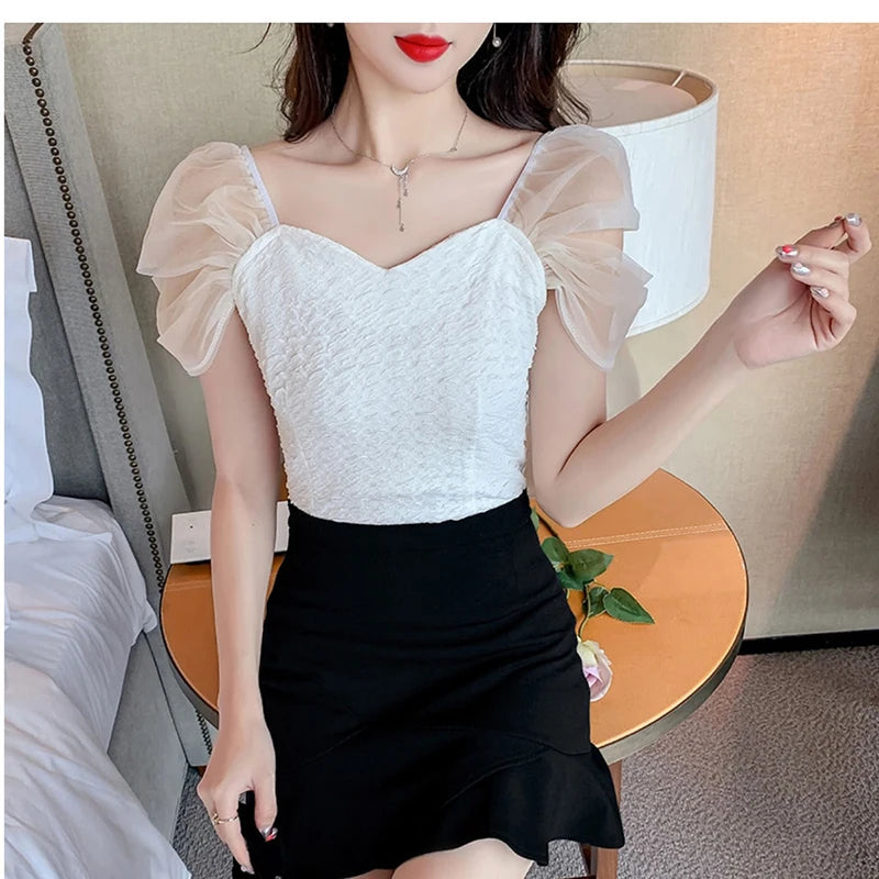 Summer Mesh Spliced Women Puff Sleeve Square Neck T Shirts Lady French Fashion Elegant Sweet Slim Fit Clothing Tops Black White