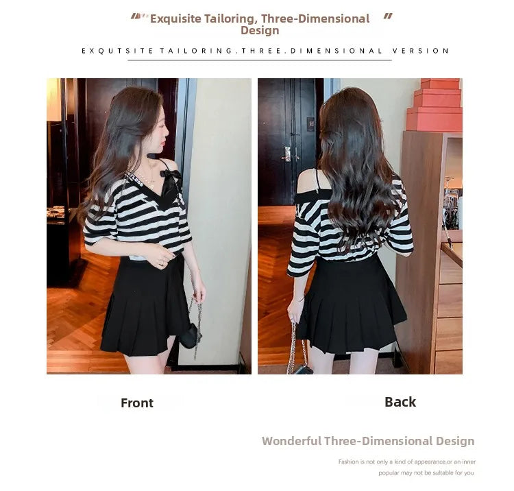 Unique Design oulder Bared ort Sve V-Ne Loose T-irt for Women  Knot Print Splice Asymmetrical Korean Sle