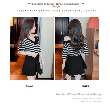 Unique Design oulder Bared ort Sve V-Ne Loose T-irt for Women  Knot Print Splice Asymmetrical Korean Sle