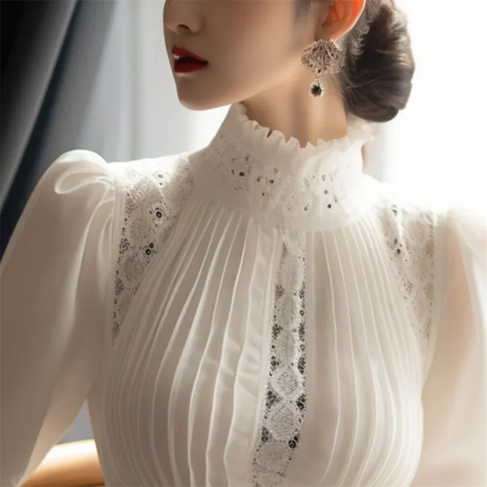 2024 Spring Ladies Patchwork Lace Hollow Out Long Sleeve Shirt Tops New Korean Fashion Women's Solid Color Stand Collar Blouses