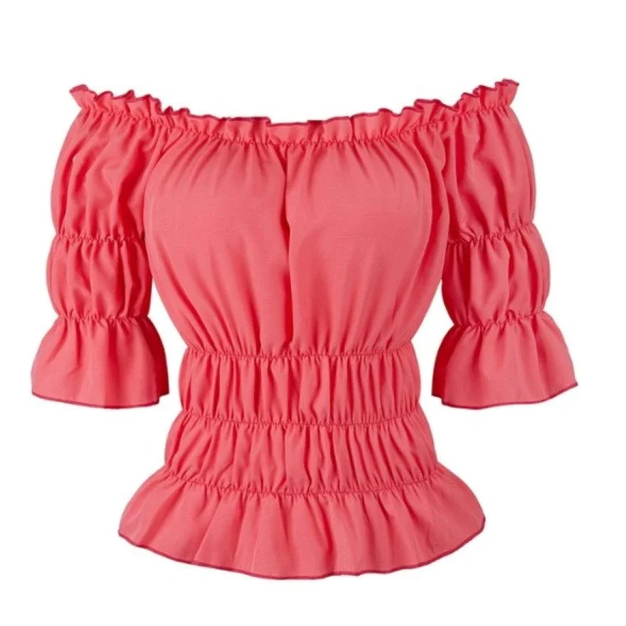 Women Renaissance Peasant Blouse Peplum Top Ruffle Sleeve Off-Shoulder Shirts 3/4 Sleeve Elastic Waist