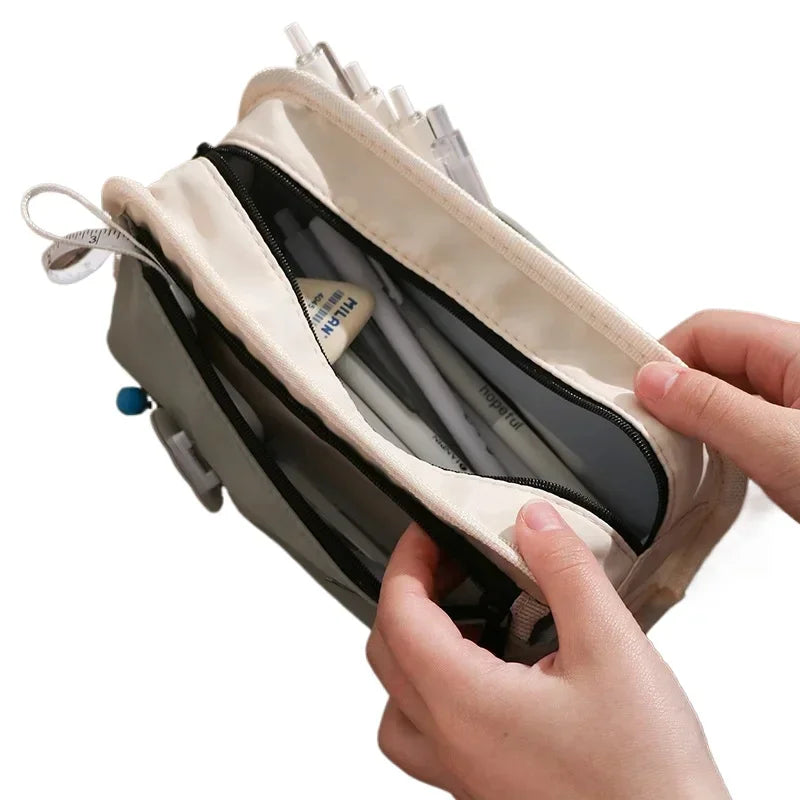 Outdoor Style Pencil Bag Pen Case Hitting Color Canvas 3 Layer Pocket Storage Pouch for Stationery School
