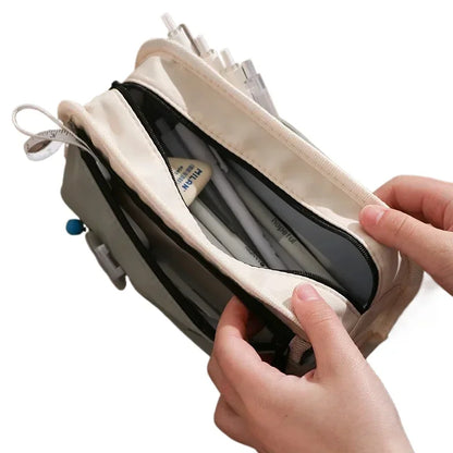 Outdoor Style Pencil Bag Pen Case Hitting Color Canvas 3 Layer Pocket Storage Pouch for Stationery School