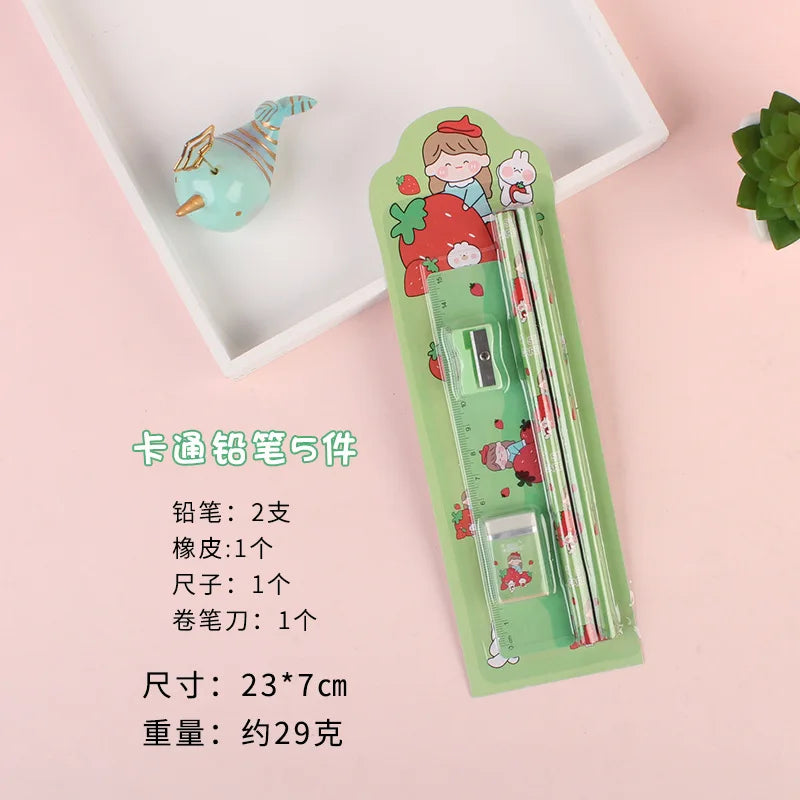 5Pcs Cute Cartoon Stationery Set Pencil Ruler Eraser Pencil Sharpener Kawaii Children School Scrapbook Supplies Set For Gifts