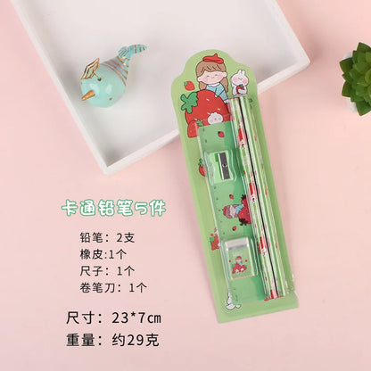 5Pcs Cute Cartoon Stationery Set Pencil Ruler Eraser Pencil Sharpener Kawaii Children School Scrapbook Supplies Set For Gifts