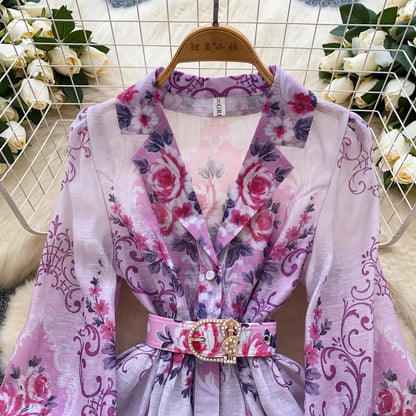 France Elegant Vintage Palace Evening Dress Women Sashes Button Print Short Party Dress Female Casual Chic Festival Clothing New