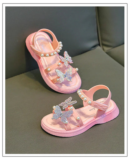 Kids' Sandals PU Leather Sequin Peep Toe Summer Outdoor Flat Shoes For Girls Breathable Anti-slip White Purple Pink