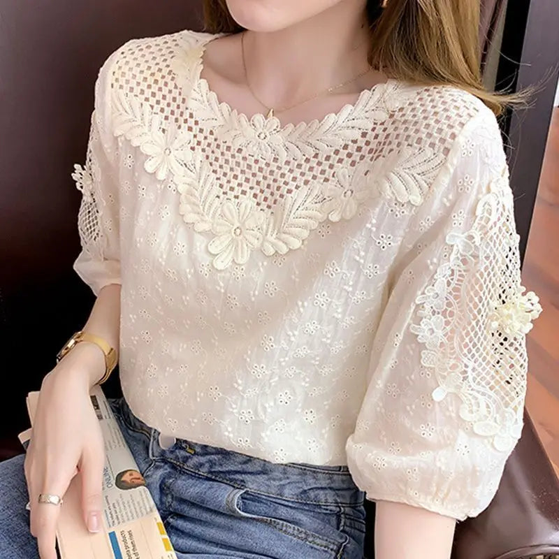 Blouses Women Hollow Out O-neck Half Sleeve Loose Tops Summer Casual Elegant Ladies French Style Daily Trendy