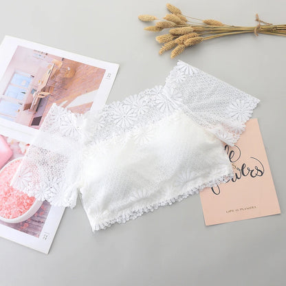 Wommen Sexy Lace Off Shoulder Crop Tops With Bra Short Sleeve Harajuku Bare Shoulder Crochet Top Female Cotton T-Shirt Lace