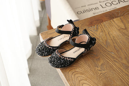New Kids Leather Shoes Girls Wedding Shoes Children Princess Sandals Sequins Bow Girls Casual Dance Shoes Flat Sandals
