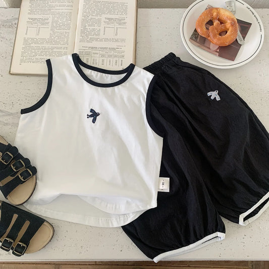 Baby Boys Summer Vest Sets Bird Embroidery Top+Elastic Waist Short Kids Boys Two-piece Suit Loose Thin Toddler Boys Sport Sets