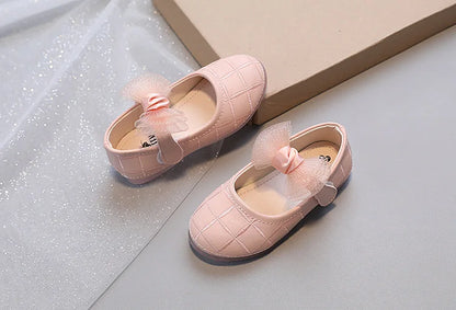 Korean Style Kids Solid Color Embroidered Leather Shoes Girls Big Bow Mesh Flower Princess Flat Dance Shoes