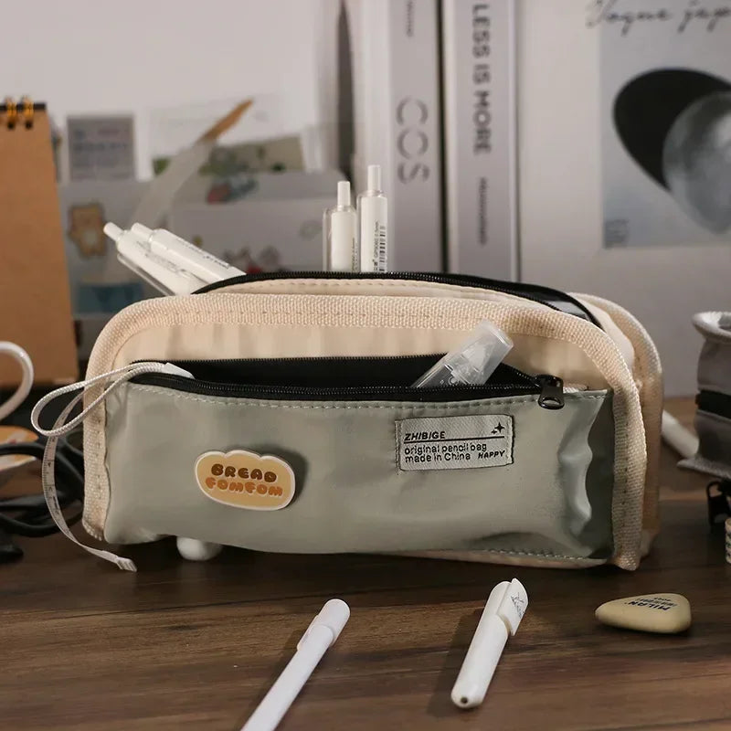 Outdoor Style Pencil Bag Pen Case Hitting Color Canvas 3 Layer Pocket Storage Pouch for Stationery School