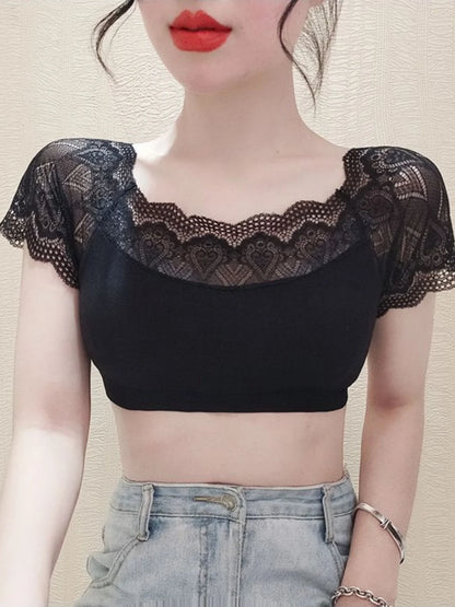 Lace Splice ort Sve Base irt Women's Summer Top Beautiful Ba Design Daily Wear Versatile Universal Fit Boting Tee